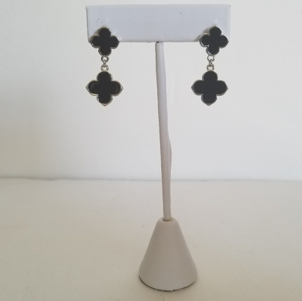 Clover silver earrings, Four Leaf black enamel clove Brand New